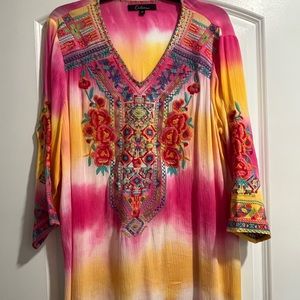Calessa NWOT tags yellow, white and pink embroidered tunic
